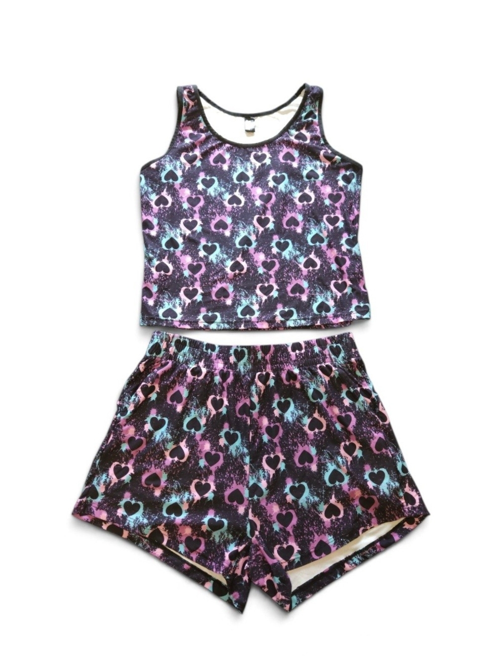 POP Fit Black Tank & Shorts Pajama Set with Pink and Blue Heart Print